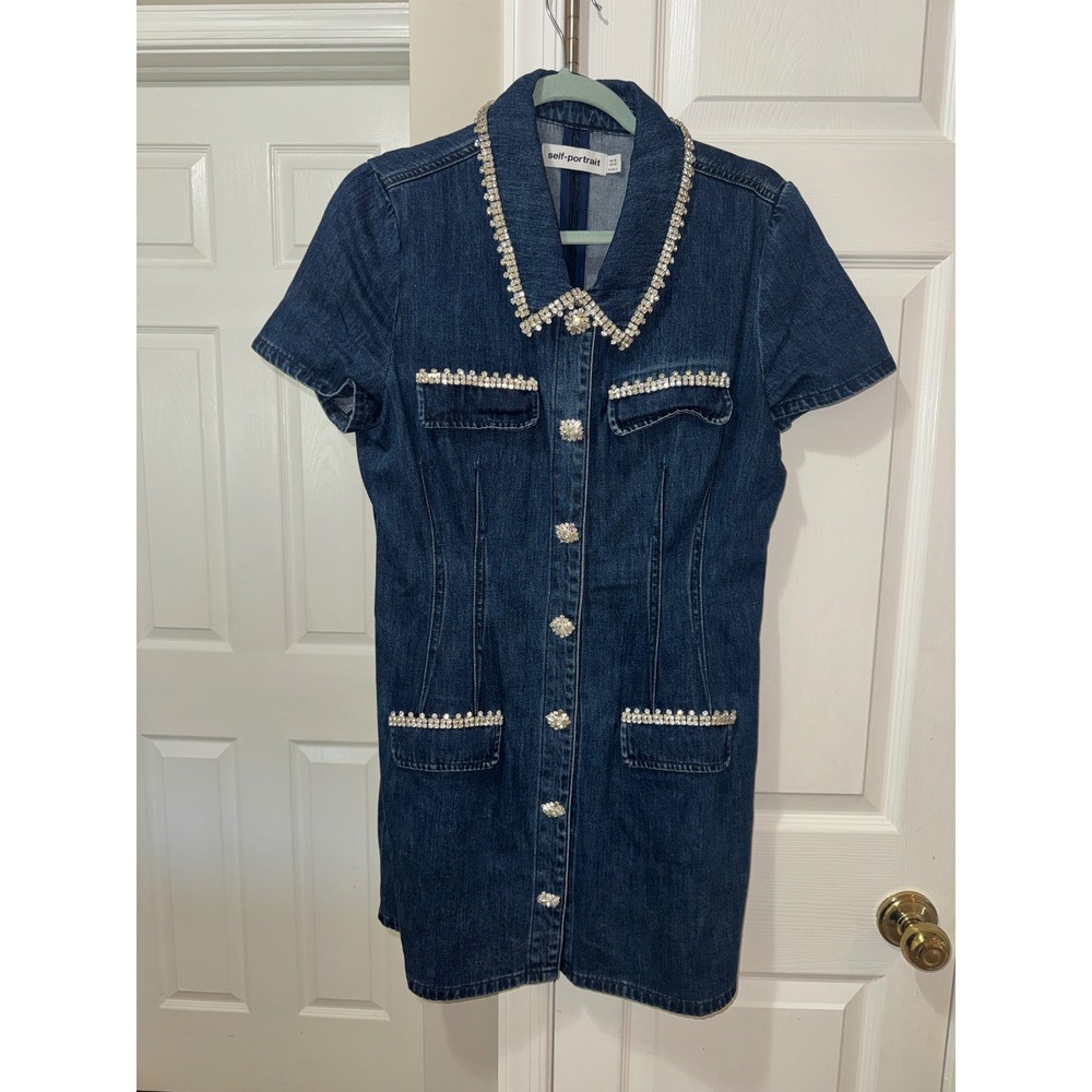 Self-Portrait Rhinestone Trim Denim Mini Dress Dark Wash Crystal Button US 12 - Picture 7 of 12